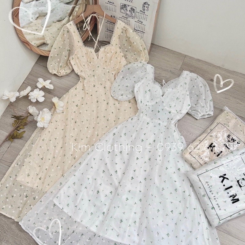 [Hàng sẵn - Hình thật] Đầm hoa tơ lụa tay bồng dáng maxi xoè nơ lưng sang chảnh