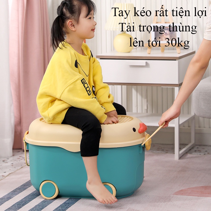 Thùng đựng đồ chơi cho bé hình con vịt có bánh xe, tay cầm nắp thùng xếp lego có thể đựng quần áo, sách vở