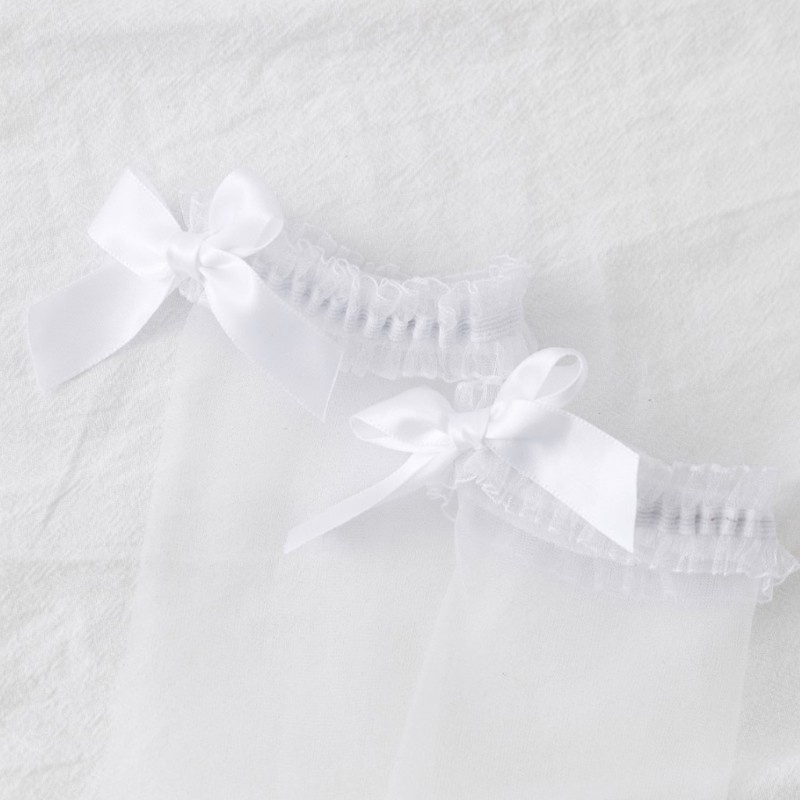 Tất ren nữ trong suốt siêu mỏng viền bèo đính nơ màu trơn phong cách lolita Nhật Bản thời trang mùa hè dễ thương