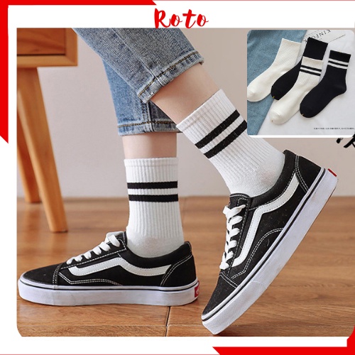 Tất nam nữ cổ cao 2 sọc phong cách, vớ nam nữ trắng đen năng động A07