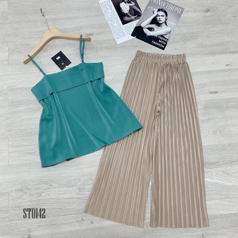 Set áo dây + quần dập ly chanh xả 🥰Bộ quần ống rộng áo dây đi chơi cực xinh cho các nàng diện hè | BigBuy360 - bigbuy360.vn