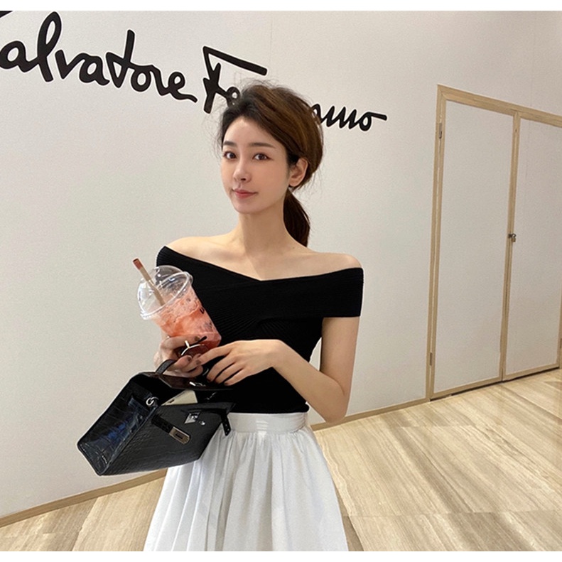 DUNEA Áo Dệt Kim Hai Dây Hở Lưng Đan Dây Chéo Thời Trang Cho Nữ