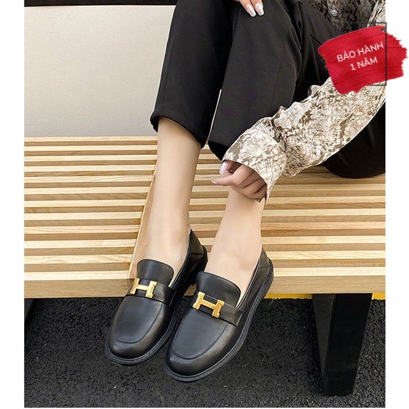 Giày oxford, giày lười loafer nữ GDFENDU màu trắng kem, đen 3cm da lì mặt chữ H 151409 QC cao cấp