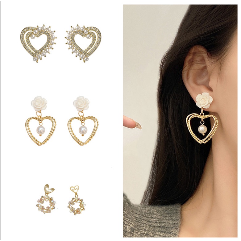 Khuyên Tai Hình Trái Tim Đính Đá Và Ngọc Trai Giả
