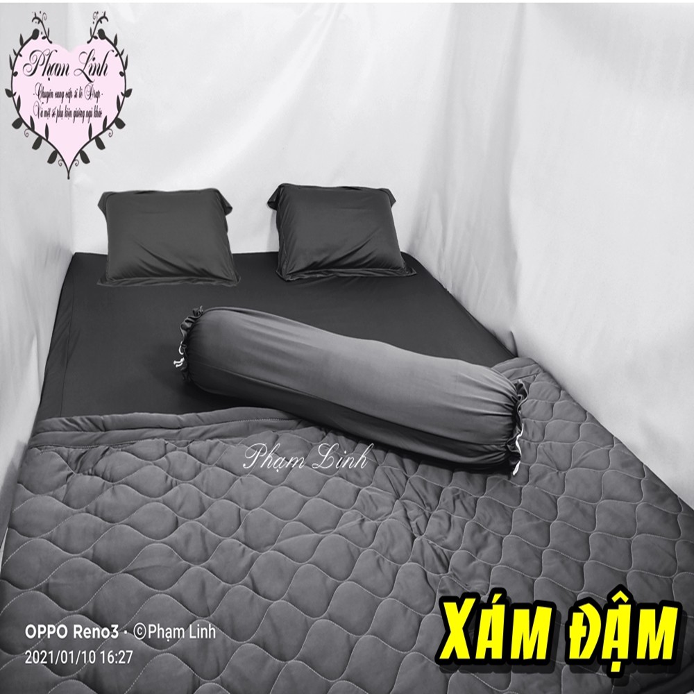 [Bộ 5 món] Drap-Ga trải giường vỏ gối và chăn chần bông thun lạnh sợi siu (silk) màu trơn Hàn Quốc [Xám Đậm Xám Nhạt]
