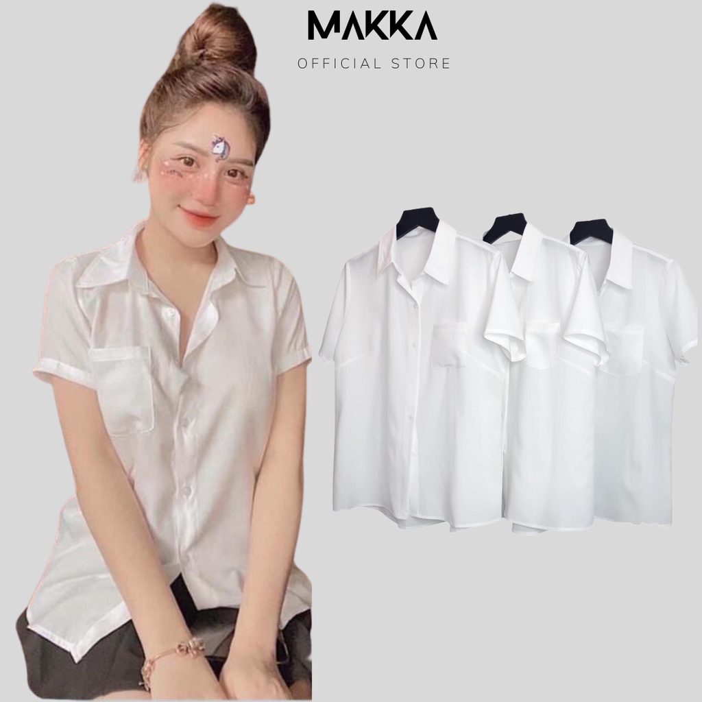 Áo sơ mi nữ công sở dáng xuông áo sơ mi cộc túi ngực chất vải đẹp thời trang MAKKA 321