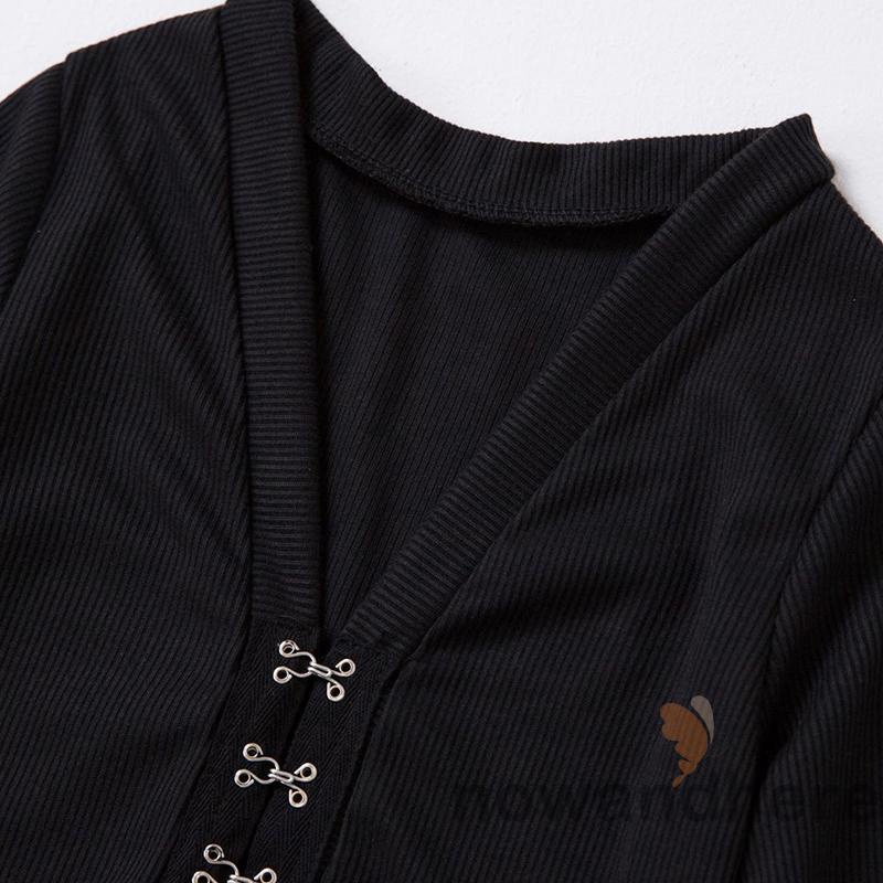 Áo Thun Crop Top Tay Dài Cổ Chữ V Màu Trơn Thời Trang Dành Cho Nữ