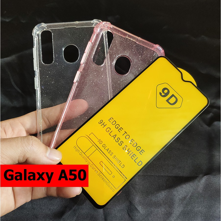 Bộ ốp lưng chống sốc kim tuyến và kính cường lực 9D Galaxy A50