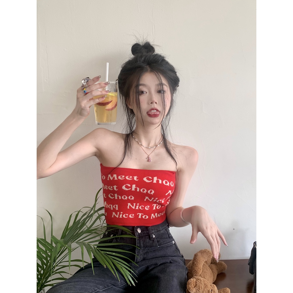 HUANG YOYO Áo croptop 2023 Áo Ống Dệt Kim Không Tay In Chữ Thời Trang Hàn Quốc Quyến Rũ Cho Nữ