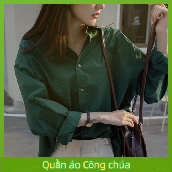 Shirt dark green women's shirt 2022 new spring and autumn retro Hong Kong style French minority pure color shirt design sense top Z2