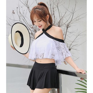 Bikini set 2 mảnh áo trễ vai + váy liền quần