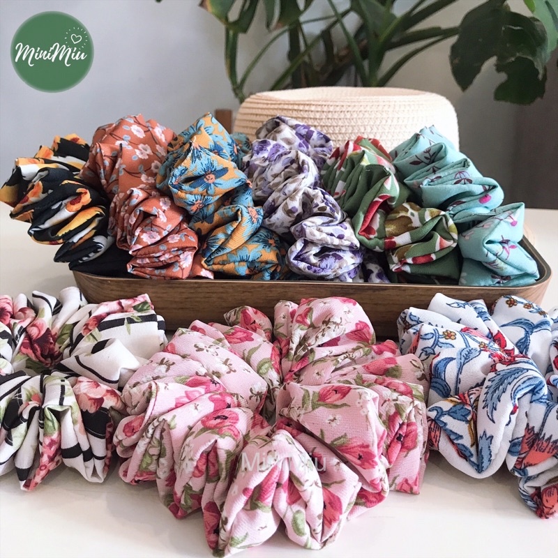 Dây buộc tóc Scrunchies handmade lụa chính phong,lụa cát hoạ tiết vườn hoa sắc màu, độ nhún dày chun co giãn tốt