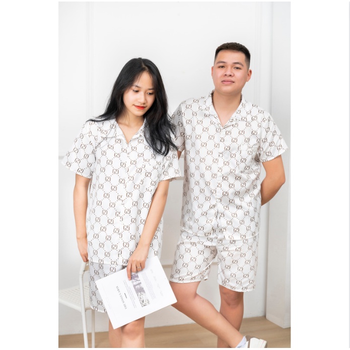 Bộ ngủ, đồ bộ hè nam nữ hoạ tiết pijama ngắn tay mặc nhà chất kate thái thoáng mát GT2