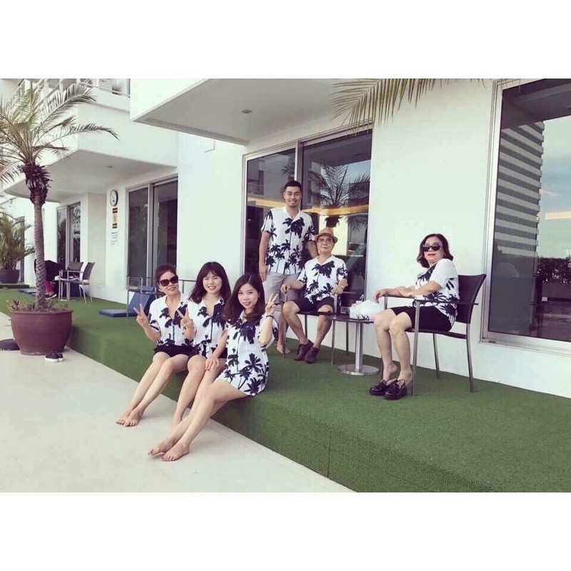 [Ảnh thật trải sàn] Áo sơ mi ngắn tay màu trắng hình cây dừa màu đen freesize [M1991]