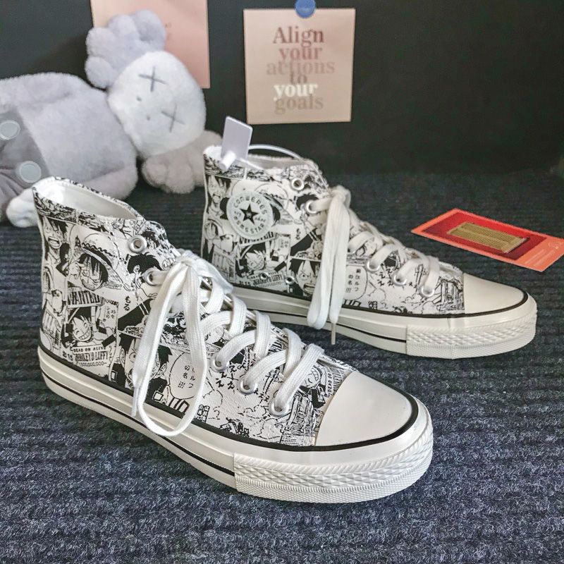 Giày Vải Học Sinh. Giày Thể Thao Vải Canvas Cổ Cao Họa Tiết Anime One Piece Graffiti Thời Trang 2022 Cho Nam