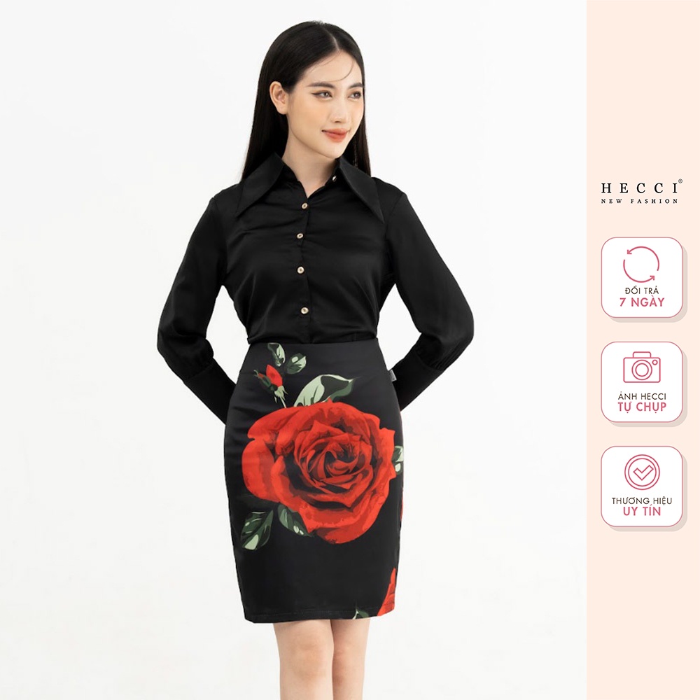 Chân Váy Bút Chì Hecci Màu Đen Họa Tiết Hoa Hồng CV03