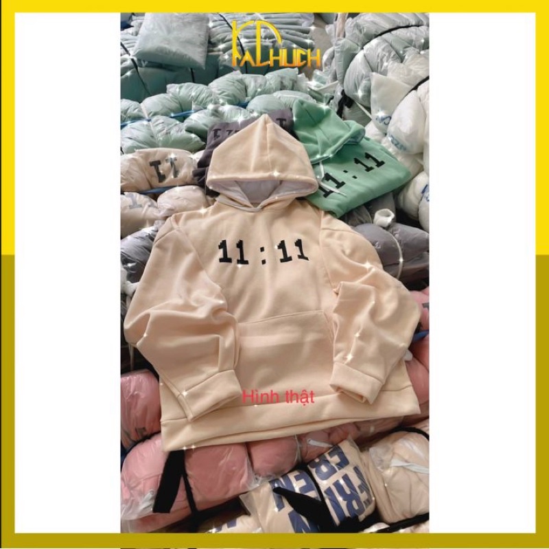 Áo hoodie tay phồng in 11:11 giờ, form rộng &lt;65kg hàng nỉ ngoại dày dặn nón 2 lớ