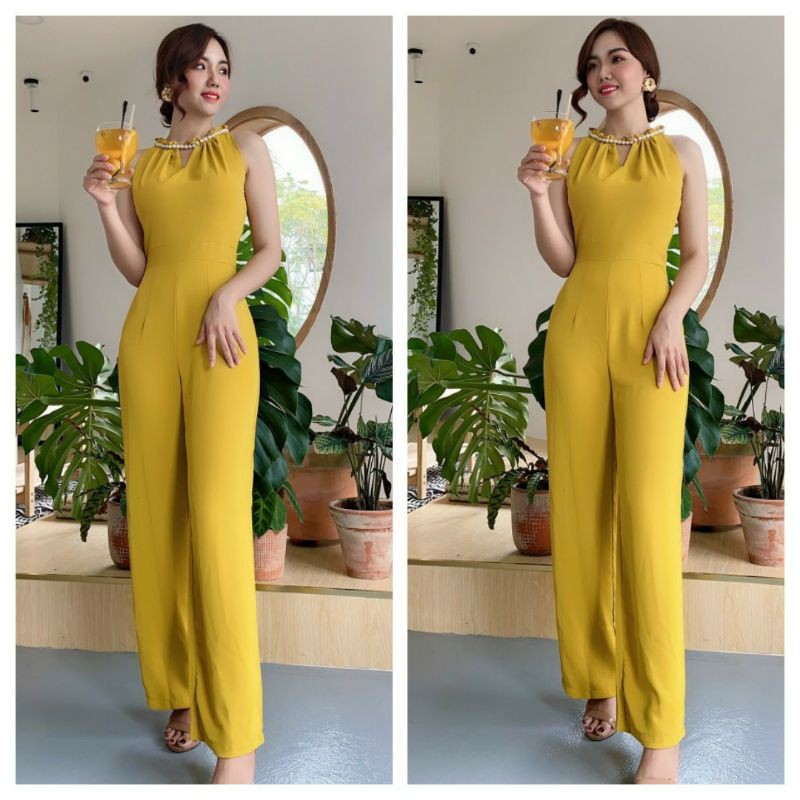 Jumpsuit ống rộng thiết kế cổ yếm đính hạt cao cấp tặng hoa tai thời trang