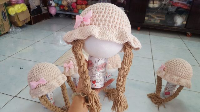 Nón len 2 bính tóc giả cho bé yêu
