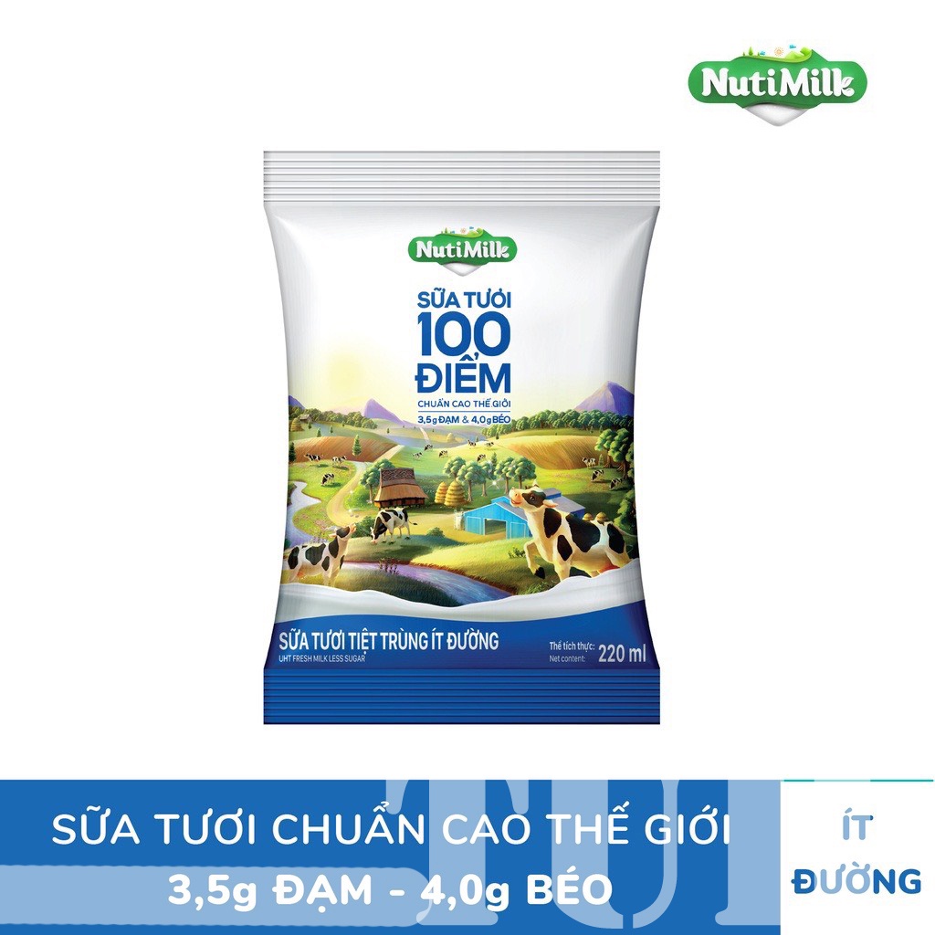 Thùng 48 Bịch NutiMilk Sữa tươi 100 điểm ít đường 220ml/bịch-TUH