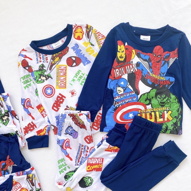 Set 2 bộ cotton dài tay cho bé trai hoạ tiết marvel tím than trắng cho bé từ 10-24 cân