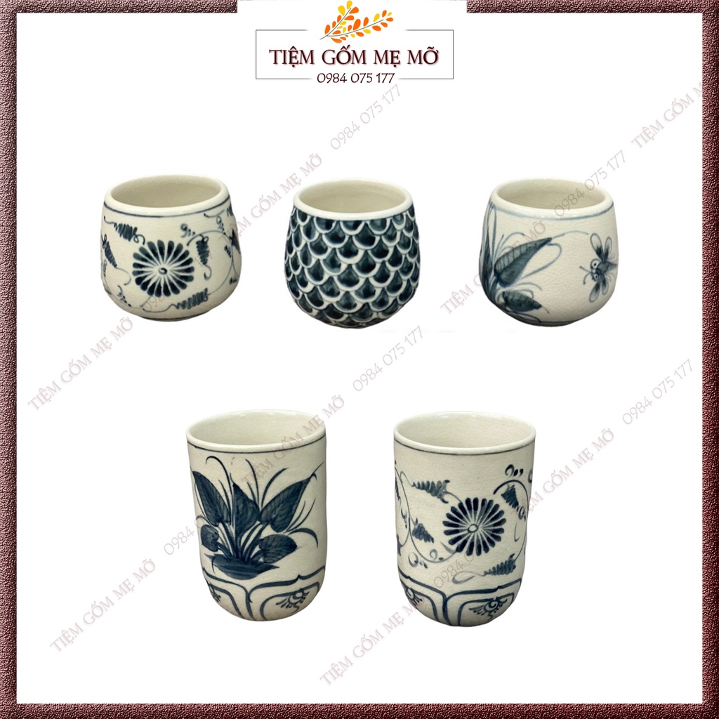 Ly cốc trà không quai men rạn cổ họa tiết vẽ tay thủ công gốm sứ Bát Tràng