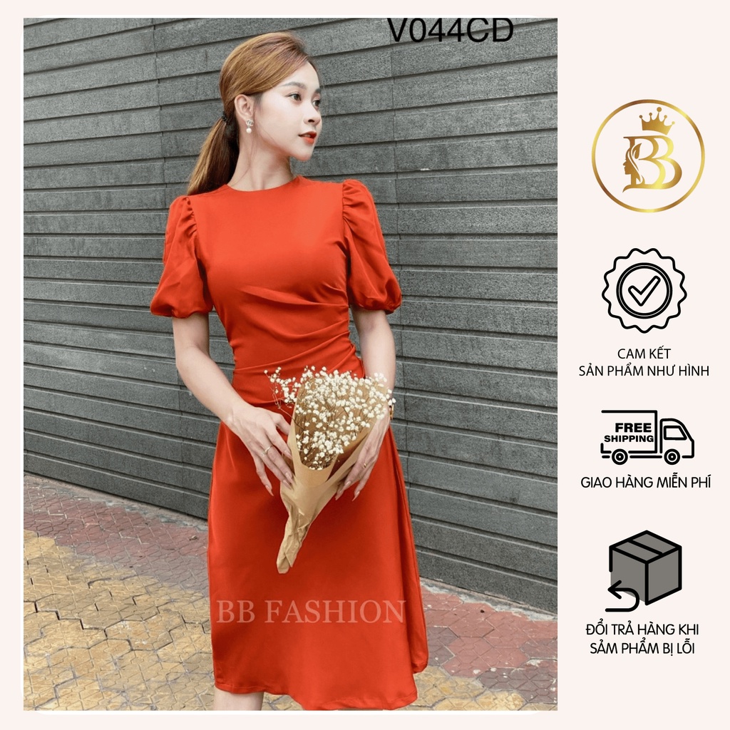Đầm váy nữ cổ tròn xếp ly eo màu cam đất cao cấp, Váy nữ tay bồng chất chéo hàn mềm mịn hàng thiết kế V044CD