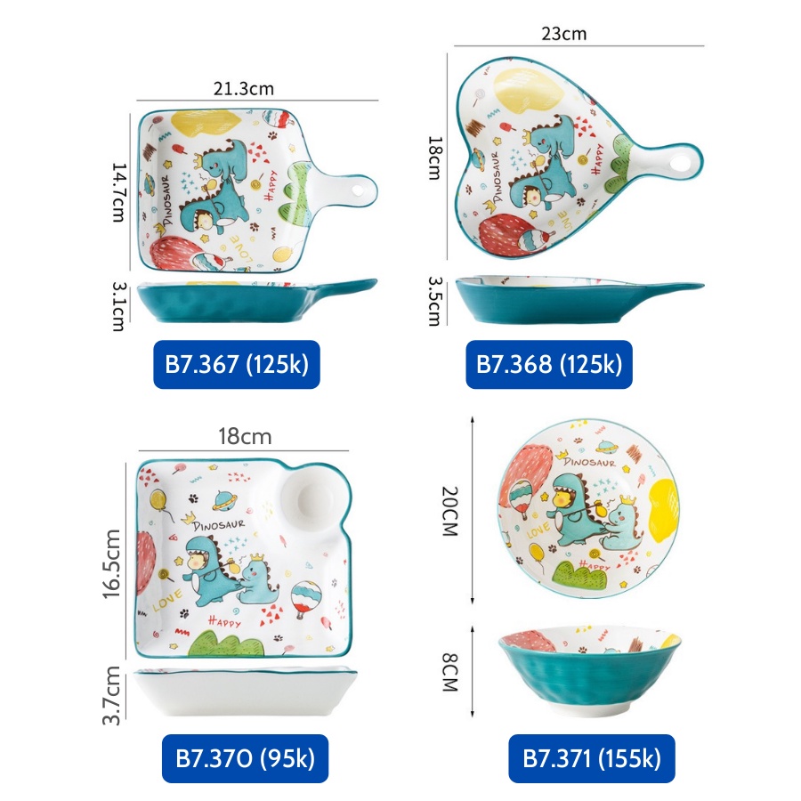 Bộ sưu tập bát đĩa họa tiết khủng long ngộ nghĩnh dành cho bé trai bằng sứ cao cấp Alifis