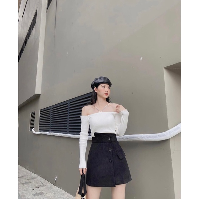 Set áo dây chéo +chân váy đen đắp tà nhung