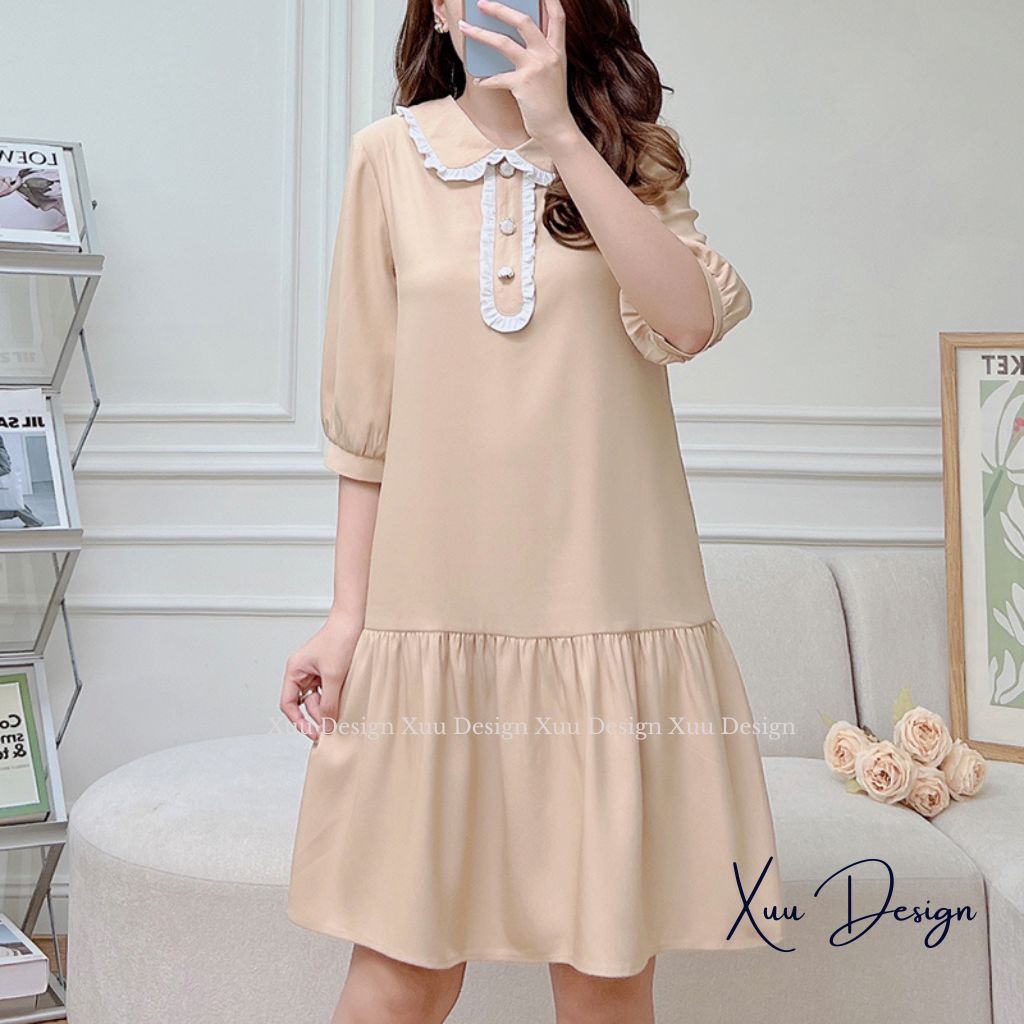 Váy nữ thiết kế XUU dáng babydoll tay lỡ cổ phối viền thanh lịch vải tơ mềm mịn - V13