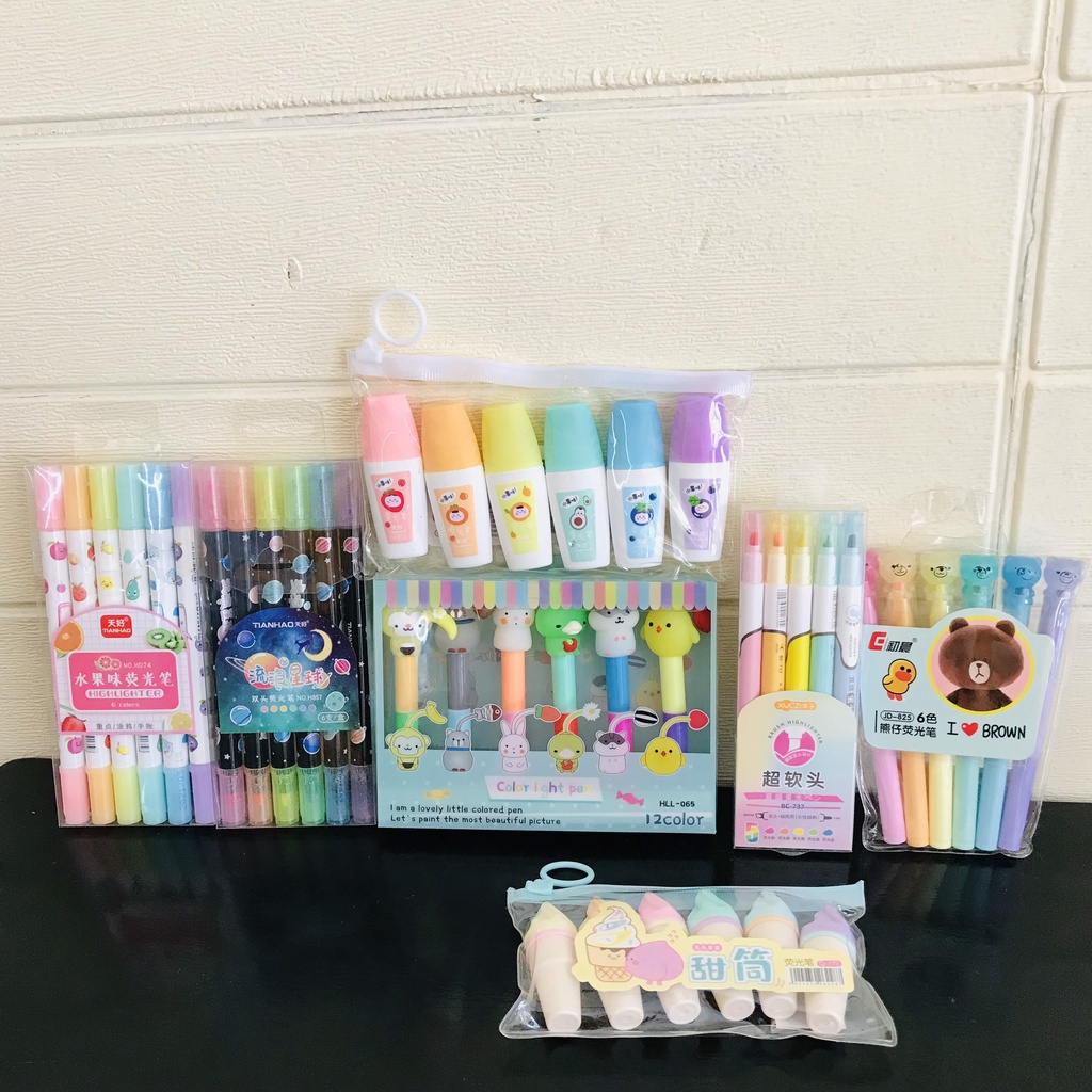 Bút dạ quang 6 màu highlight pastel LEE, bút đánh dấu nhớ dòng cute nhiều màu marker dễ thương