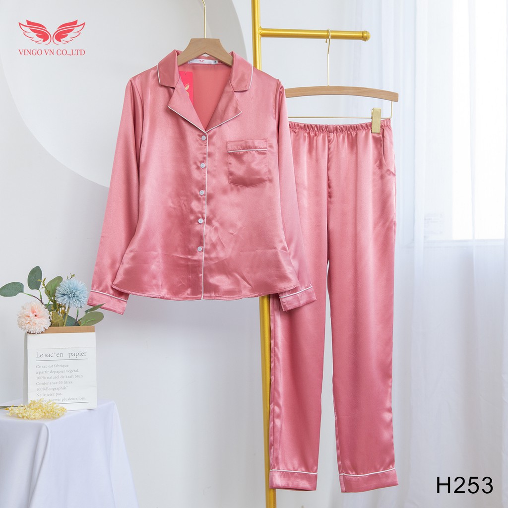 Đồ bộ Pijama nữ mặc nhà lụa Pháp VINGO tay dài quần dài mùa Thu Đông H253 VNGO