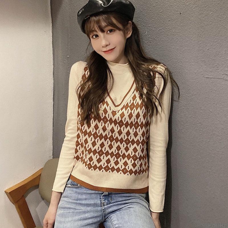 Áo dệt kim sát nách cổ chữ V màu sắc tương phản trẻ trung phong cách Hàn Quốc | BigBuy360 - bigbuy360.vn