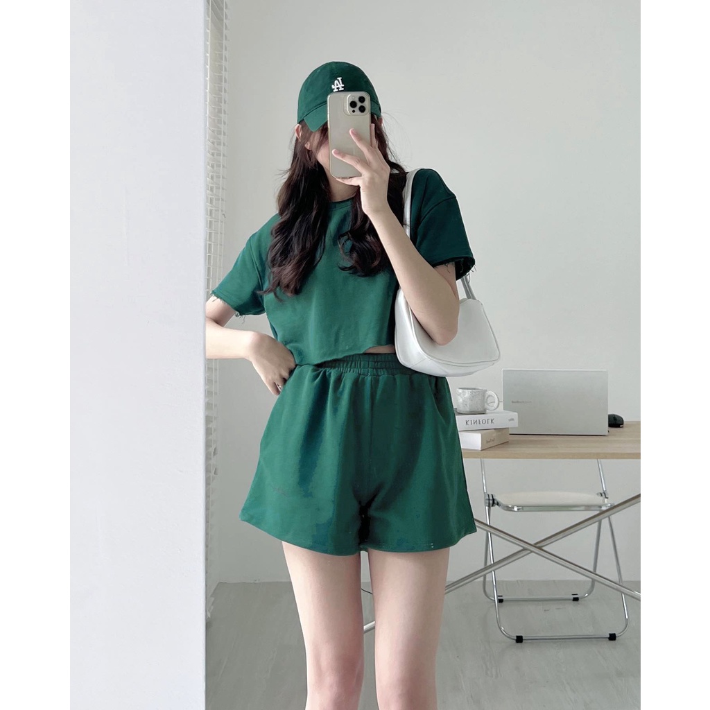 Set Đùi Trơn Áo Croptop Chữ Kí PEONYB Nữ [FREESHIP]  Bộ đồ quần short kèm thun kiểu đường phố 3158 hàn quốc Ulzzang