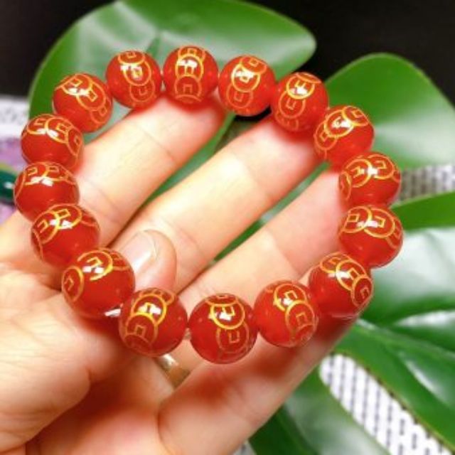 Vòng Tay Da Phong Thủy Màu Đỏ M.Não Chạm Kim Tiền