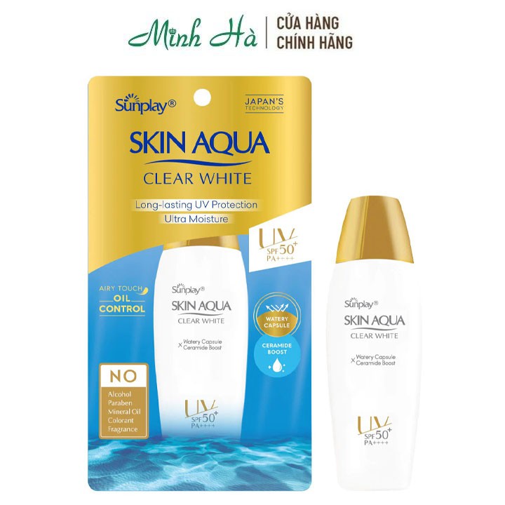 Kem chống nắng Skin Aqua nắp vàng Sunplay Clear White SPF50+ PA++++ 25g, 55g kiểm soát nhờn và dưỡng da sáng mịn