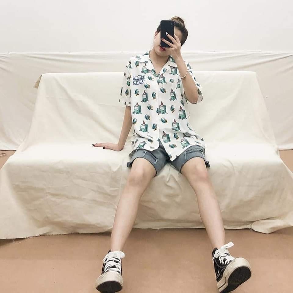 Áo Sơ Mi Tay Ngắn Unisex Cổ Bẻ Phông Cách Hàn Quốc Freesize