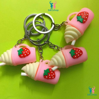 Móc khóa cute, móc chìa khóa ly kem dâu hồng làm quà tặng phụ kiện xinh xắn cho học sinh
