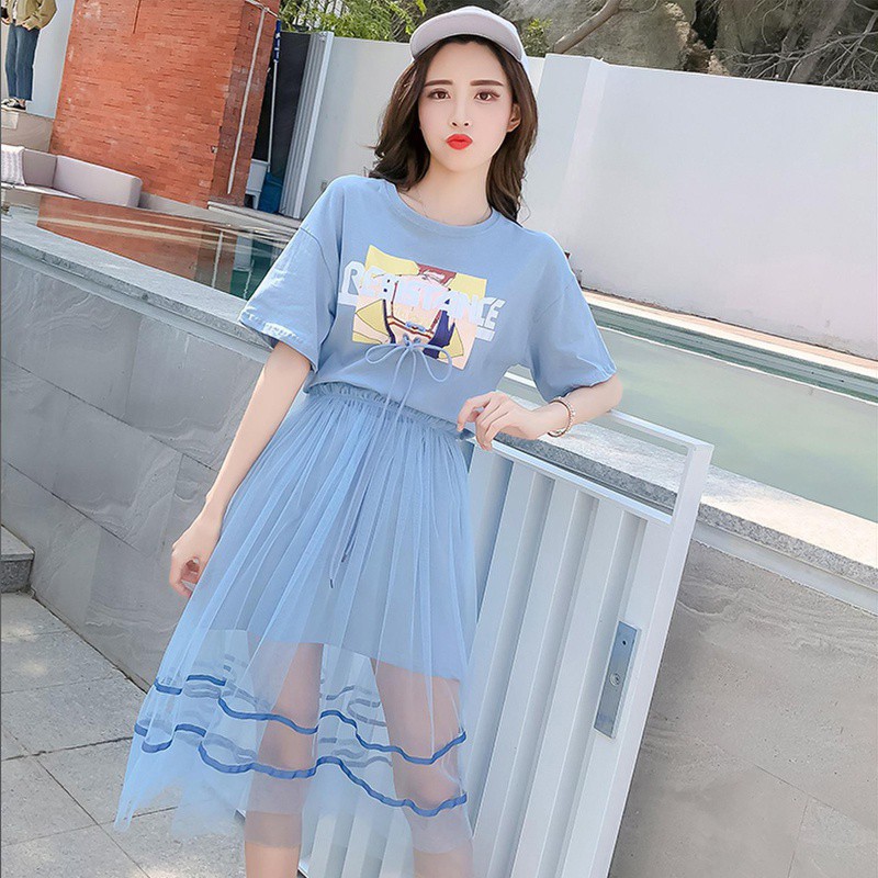 Set đầm thun suông tay ngắn in hình và chân váy lưới trẻ trung và duyên dáng cho nữ | BigBuy360 - bigbuy360.vn