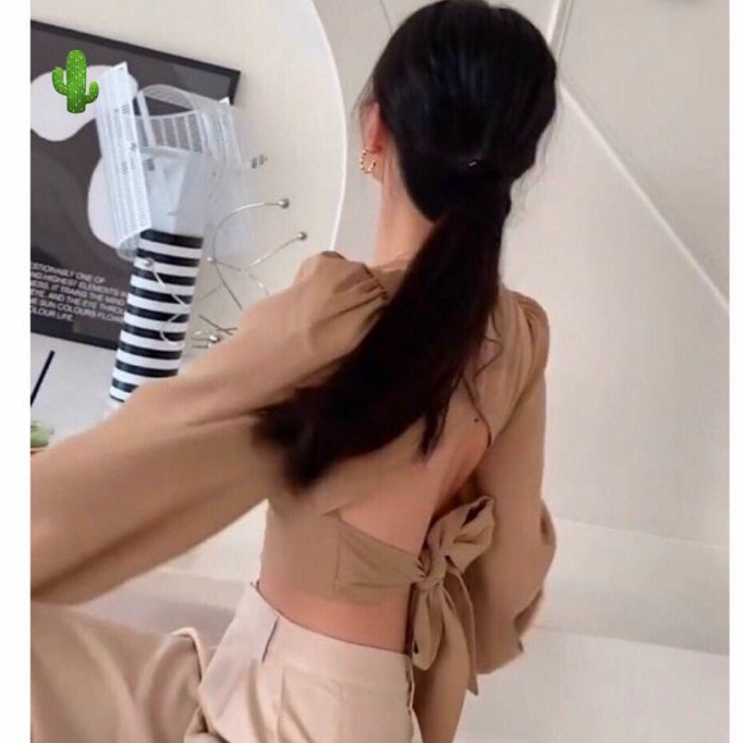 Áo kiểu tay phồng  cổ U cột nơ sau có mod kate lụa cao cấp