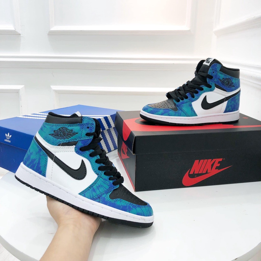 -shopgiaykiencuongGiày thể thao Jordan cổ cao cổ thấp xanh loang nước biển, giày sneaker JD1 Tie Dye cao cổ thấp cổ na