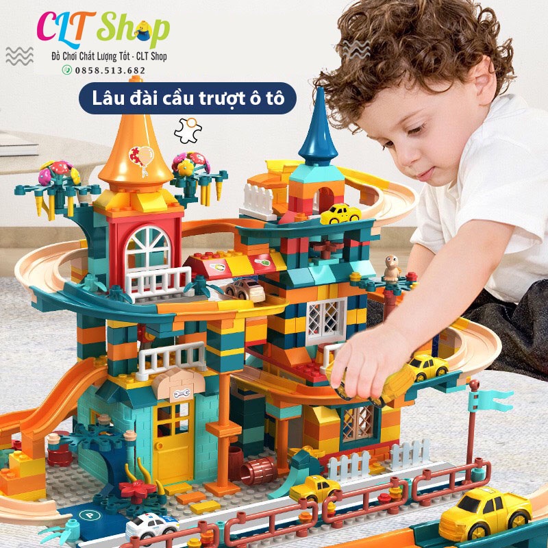 (có xe) Đồ chơi lego xếp hình lâu đài cầu trượt có ô tô cho bé trai, bé gái J8032