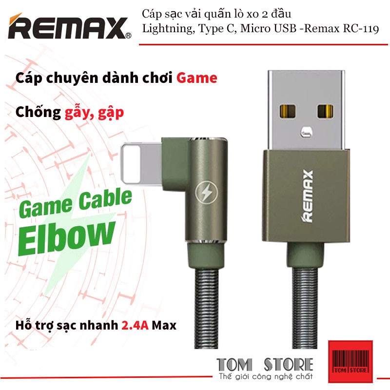 Cáp sạc vải quấn lò xo 2 đầu Lightning, Type C, Micro USB -Remax RC-119