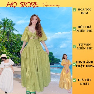 Set maxi đi biển nhún xoè tay bầu ngắn, áo nhúm có dây cột chân váy nhúm eo có mút kèm hình thật- Maxi HQ store