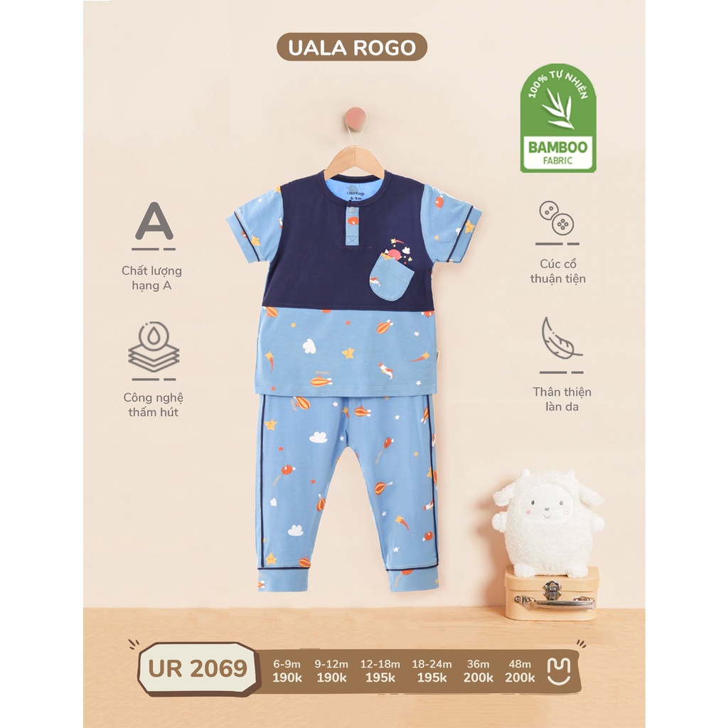 Bộ Uala Rogo áo cộc quần dài chất vải Bamboo siêu mềm mịn thoáng mát có túi ngực cho bé trai bé gái 2069