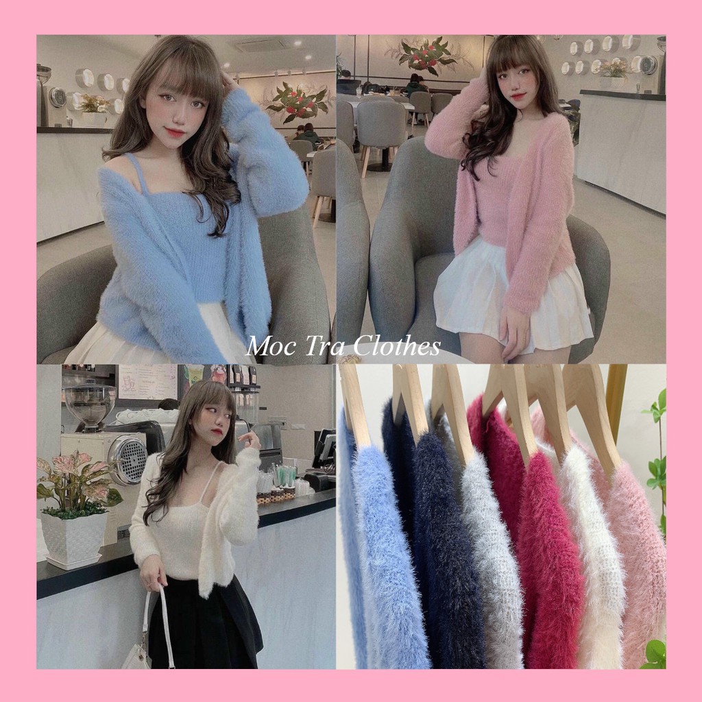 Set len nữ mùa đông Quảng Châu 2 món áo gồm áo hai dây và khoác cadigan tiểu thư siêu xinh rẻ đẹp