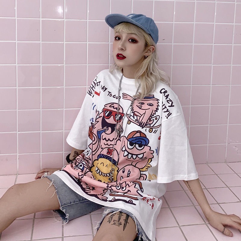 Áo Thun Tay Ngắn Dáng Rộng In Họa Tiết Hoạt Hình Phong Cách Hàn Quốc Thời Trang Mùa Hè 2022 Cho Nữ