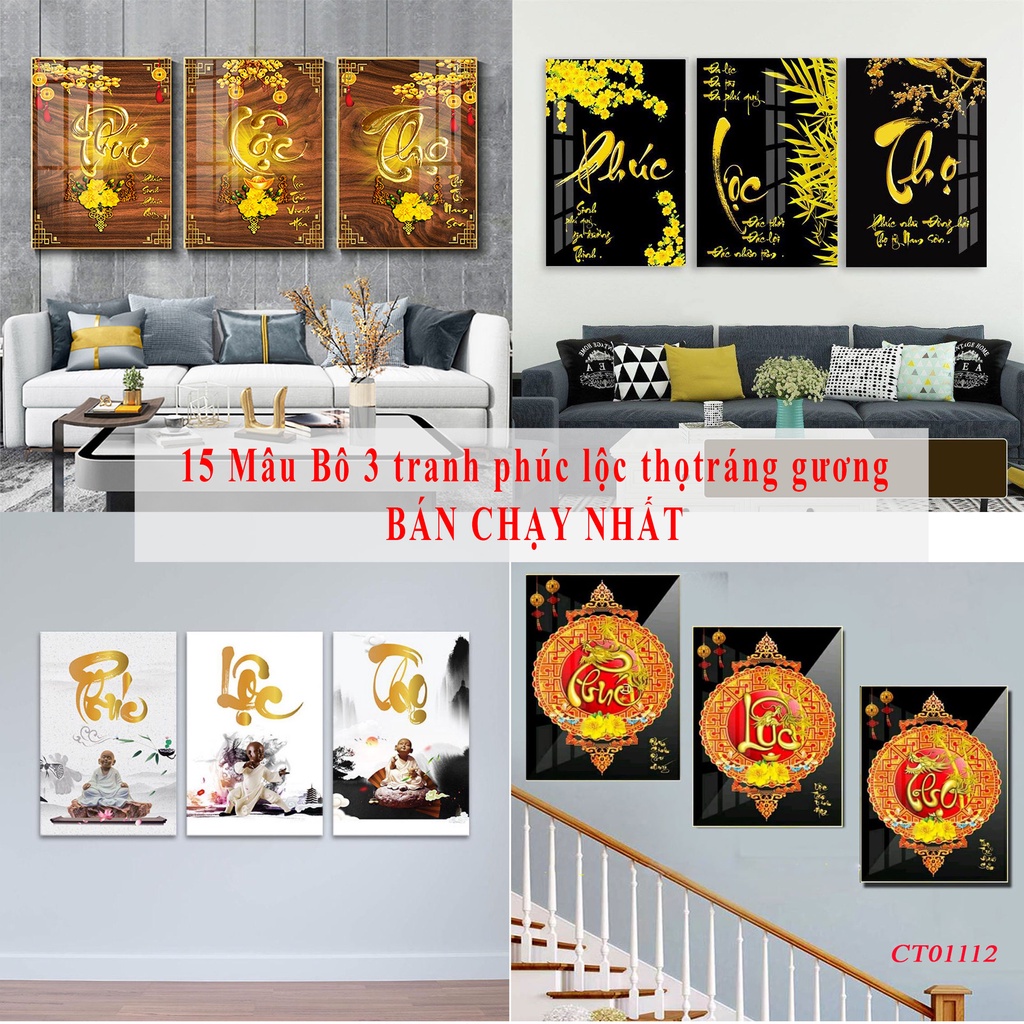 Set bộ 3 tranh phúc lộc thọ tráng gương CHẤT LƯỢNG CAO tranh treo tường phòng khách bán chạy nhất