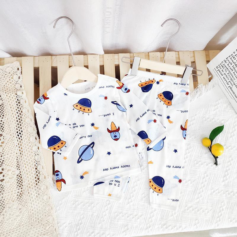 Bộ Dài Tay Chất Cotton Lưới Sợi Tre Cho Bé Trai size 1-7 tuổi, Đồ Bộ Mặc Ngủ Điều Hoà