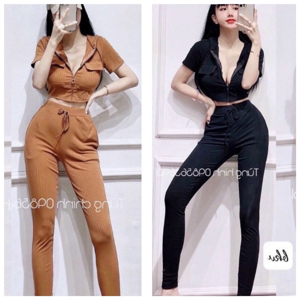 Set bộ áo croptop tay ngắn + Quần dài lưng cao tôn dáng